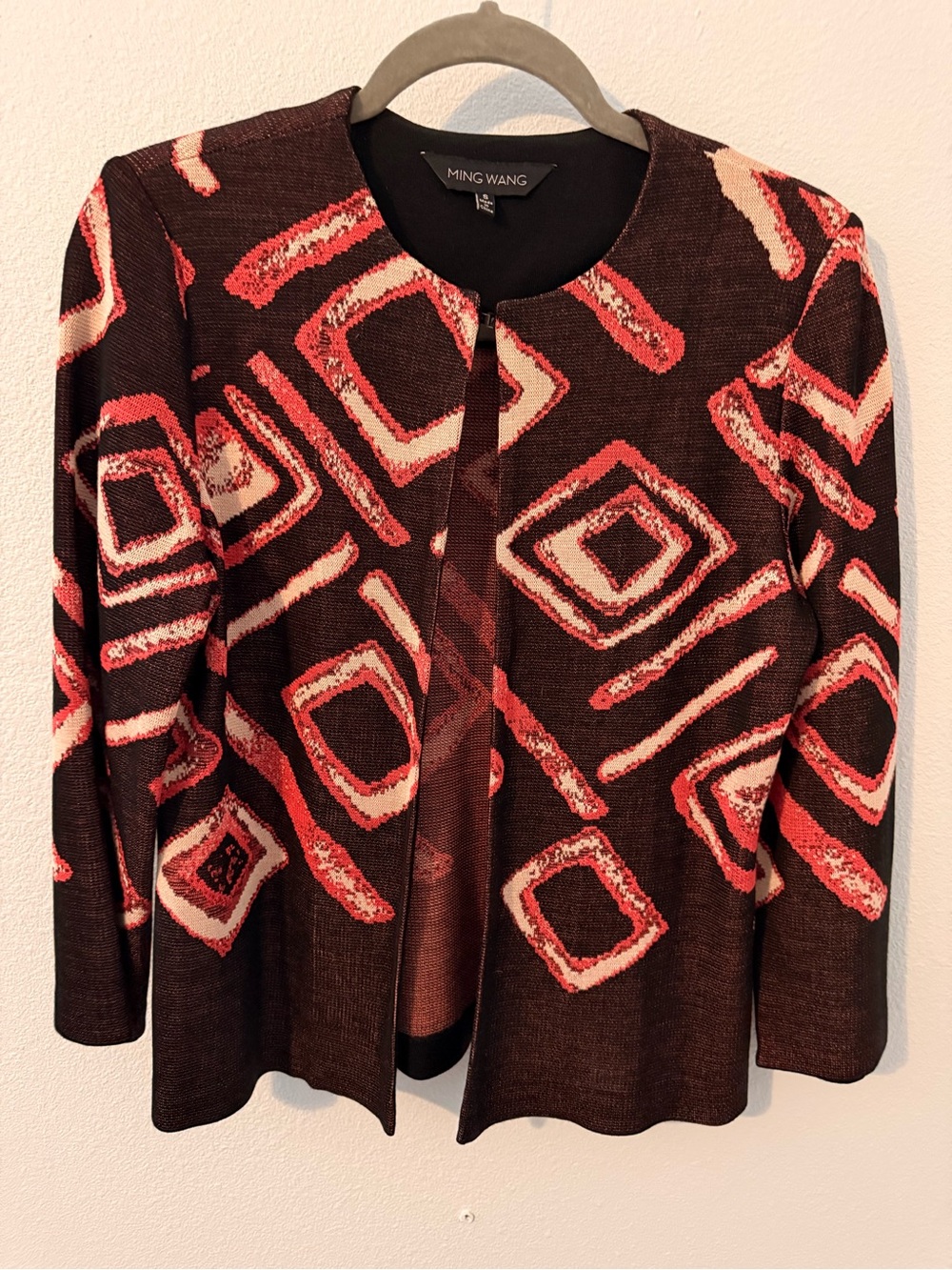 Ming Wang Brown and Coral Geometric Open-Front Sweater Cardigan